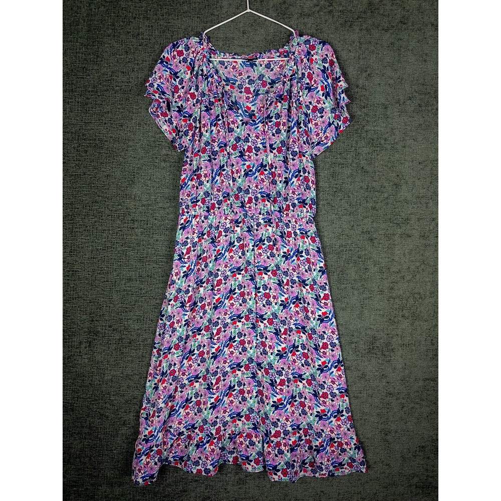 Talbots Floral Tiered Midi Dress Womens 6 Purple Pink Red Short Sleeve Boho